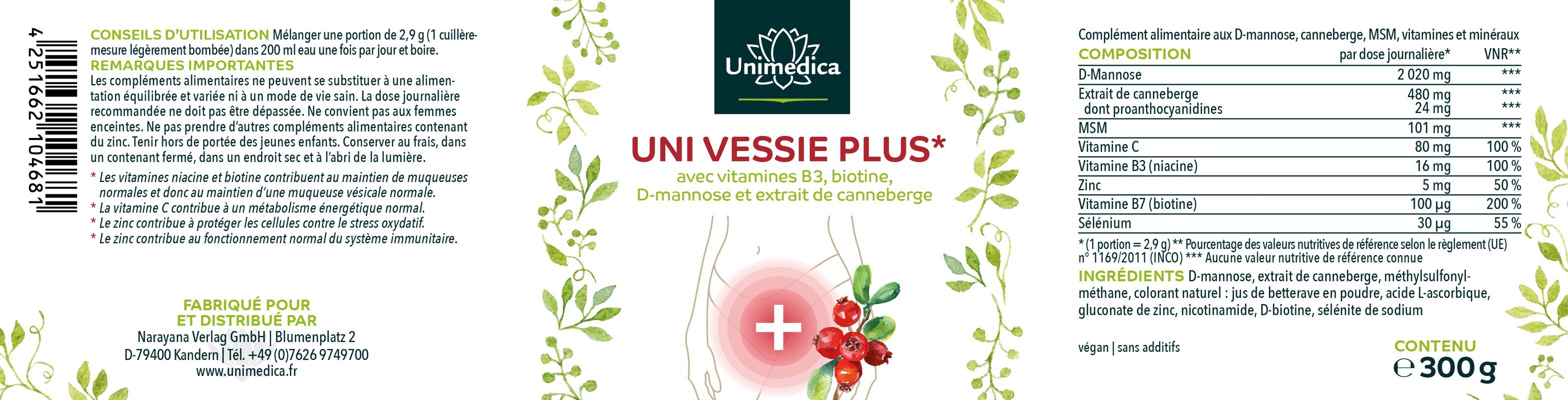 Uni Vessie Plus - avec du D-mannose, de la canneberge, de la vitamine C, B3 et B7 - 293 g de poudre - par Unimedica