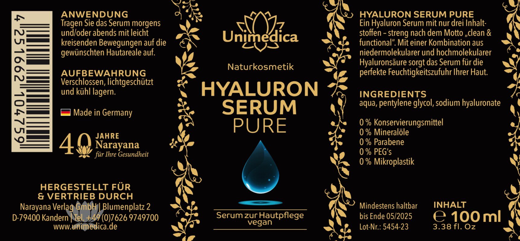 Sérum hyaluronique pur  hautement dosé - 100 ml - par Unimedica