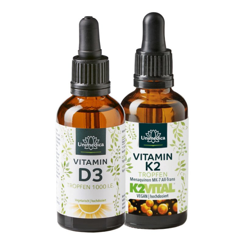 Lot: Vitamine D3 gouttes - 1000 U.I./25 µg par dose journalière - 50 ml - Vitamine K2 gouttes - 200 µg par dose journalière - MK7 All-trans - hautement dosé - 50 ml - d'Unimedica