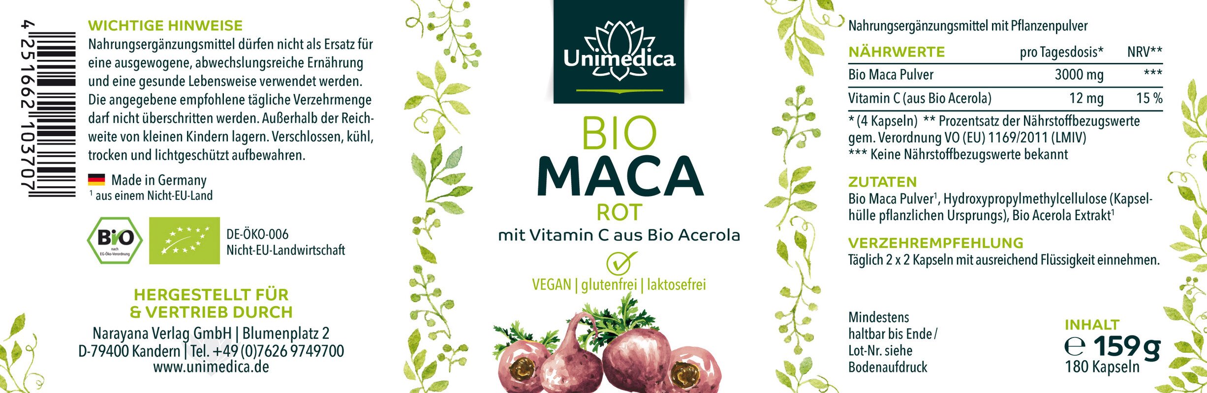 Lot de 2: Maca rouge BIO - avec vitamine C de l'acérola bio - 2 x 180 gélules - par Unimedica