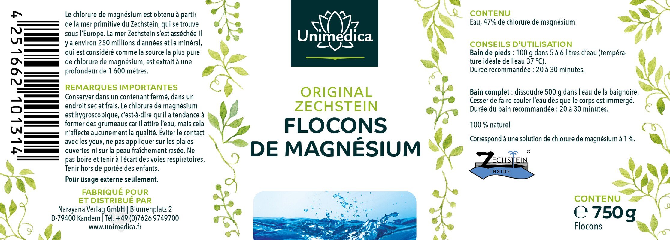Flocons de magnésium Original Zechstein - 100 % naturel - 750 g - par Unimedica