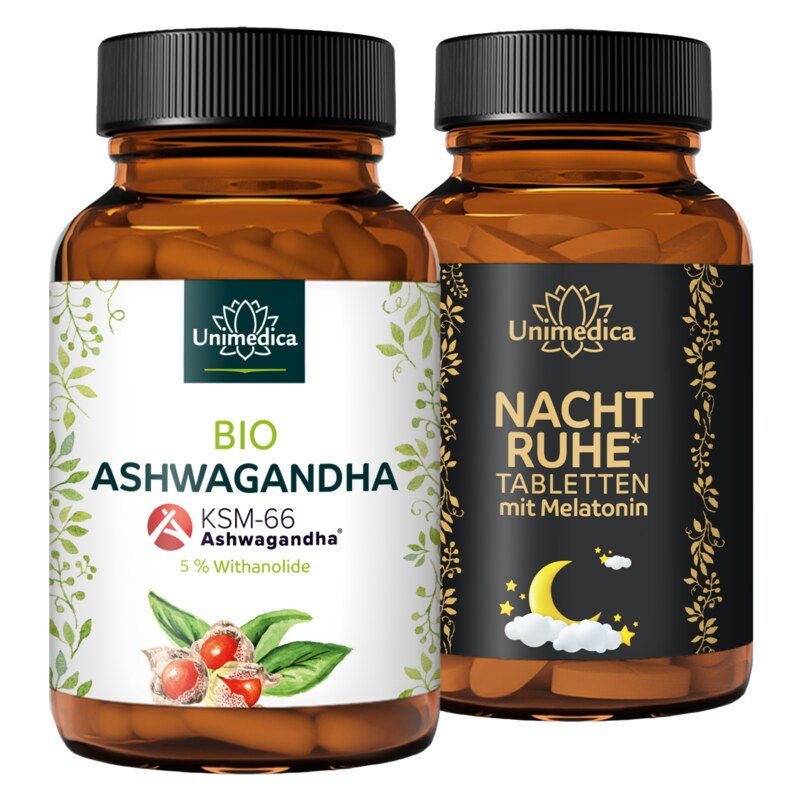 Lot: Comprimés à la mélatonine favorisant l'endormissement + Ashwagandha BIO KSM-66 - 180 comprimés + 120 gélules - par Unimedica