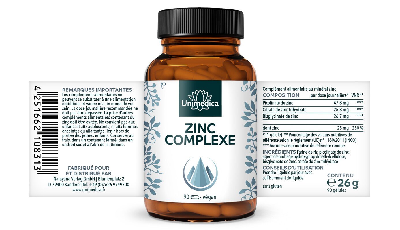 Complexe de zinc  3 formes  25 mg de zinc par dose journalière (1 gélule)  hautement dosé  90 gélules  par Unimedica