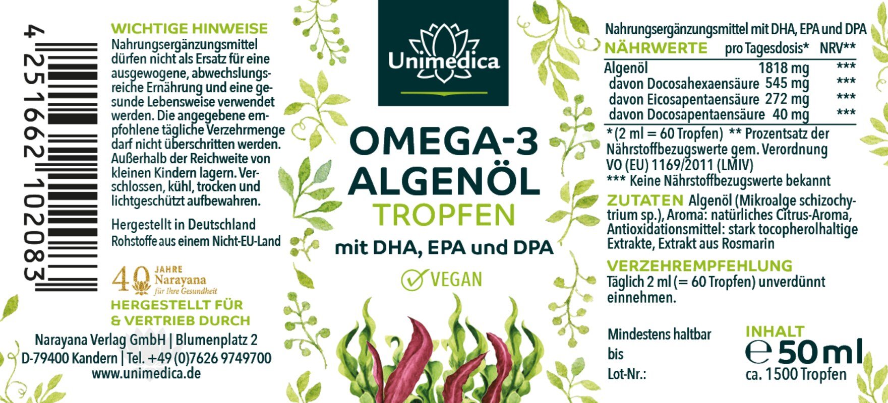 Gouttes d'huile d'algue oméga-3 végétaliennes avec DHA, EPA et DPA - 50 ml - par Unimedica