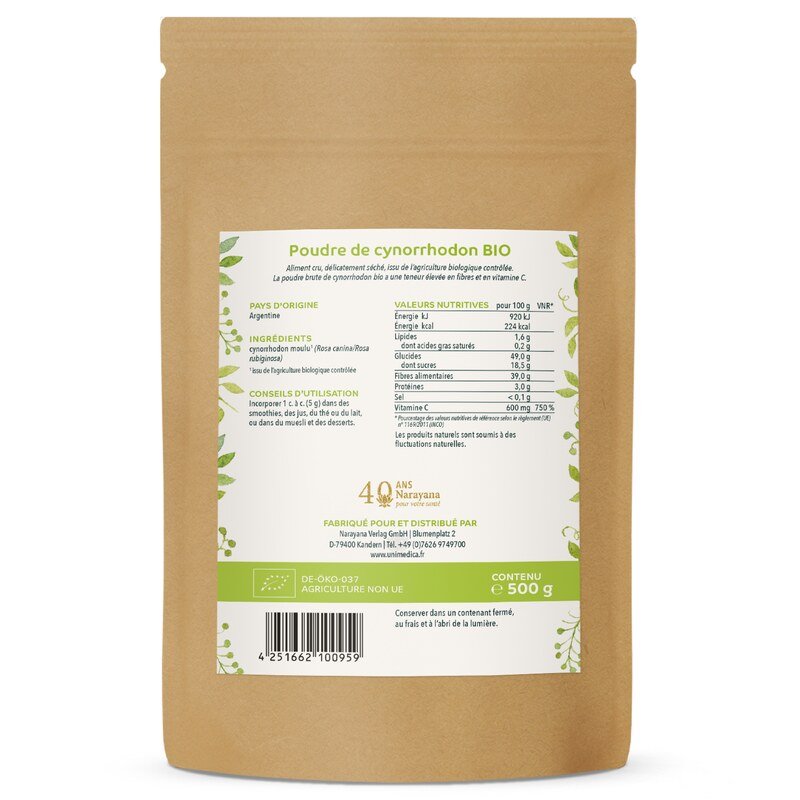 Poudre de cynorrhodon bio - vitamine C naturelle - riche en fibres - 500 g - de Unimedica