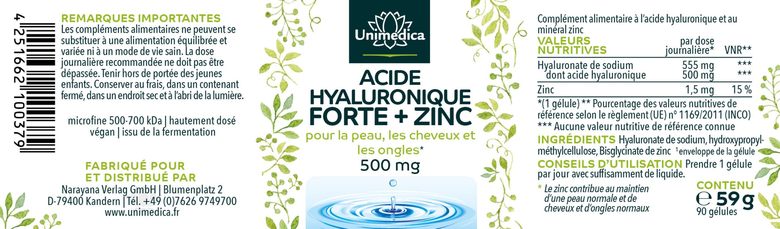 Lot de 2: Acide hyaluronique forte  avec zinc pour la peau, les cheveux et les ongles* - 500 mg d'acide hyaluronique par dose journalière (1 gélule)  hautement dosé - 2 x 90 gélules - par Unimedica