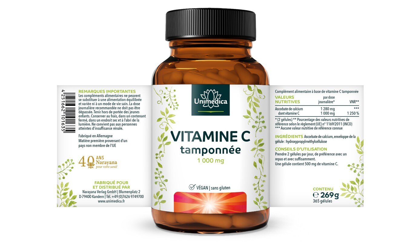 Vitamine C tamponnée - 1 000 mg par dose journalière - 99 % de pureté - 365 gélules - Unimedica