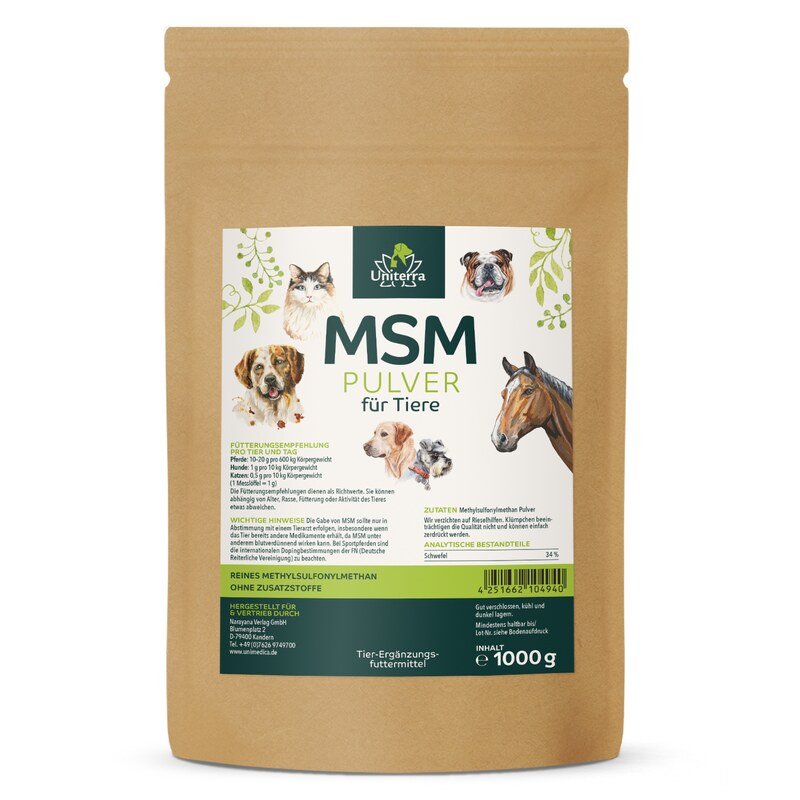 MSM Articulations poudre pour animaux  pour chiens, chats et chevaux - pur méthylsulfonylméthane  Matière première pour l'alimentation animale  1 000 g - par Uniterra