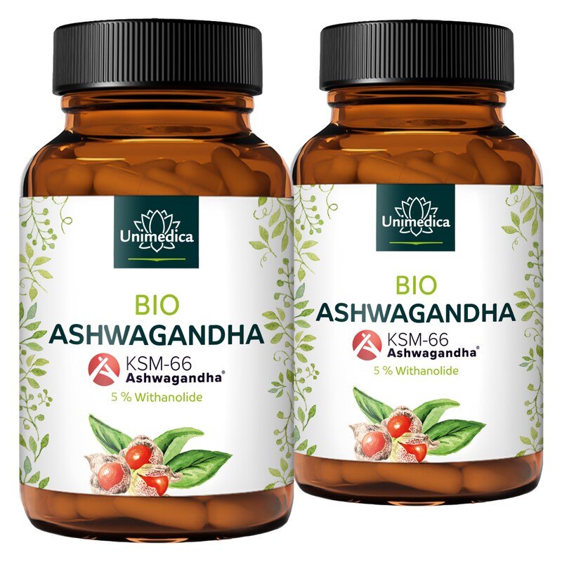 Lot de 2: Ashwagandha BIO KSM-66  dose journalière 500 mg, hautement dosé  5 % de withanolides - 2 x 120 gélules - par Unimedica