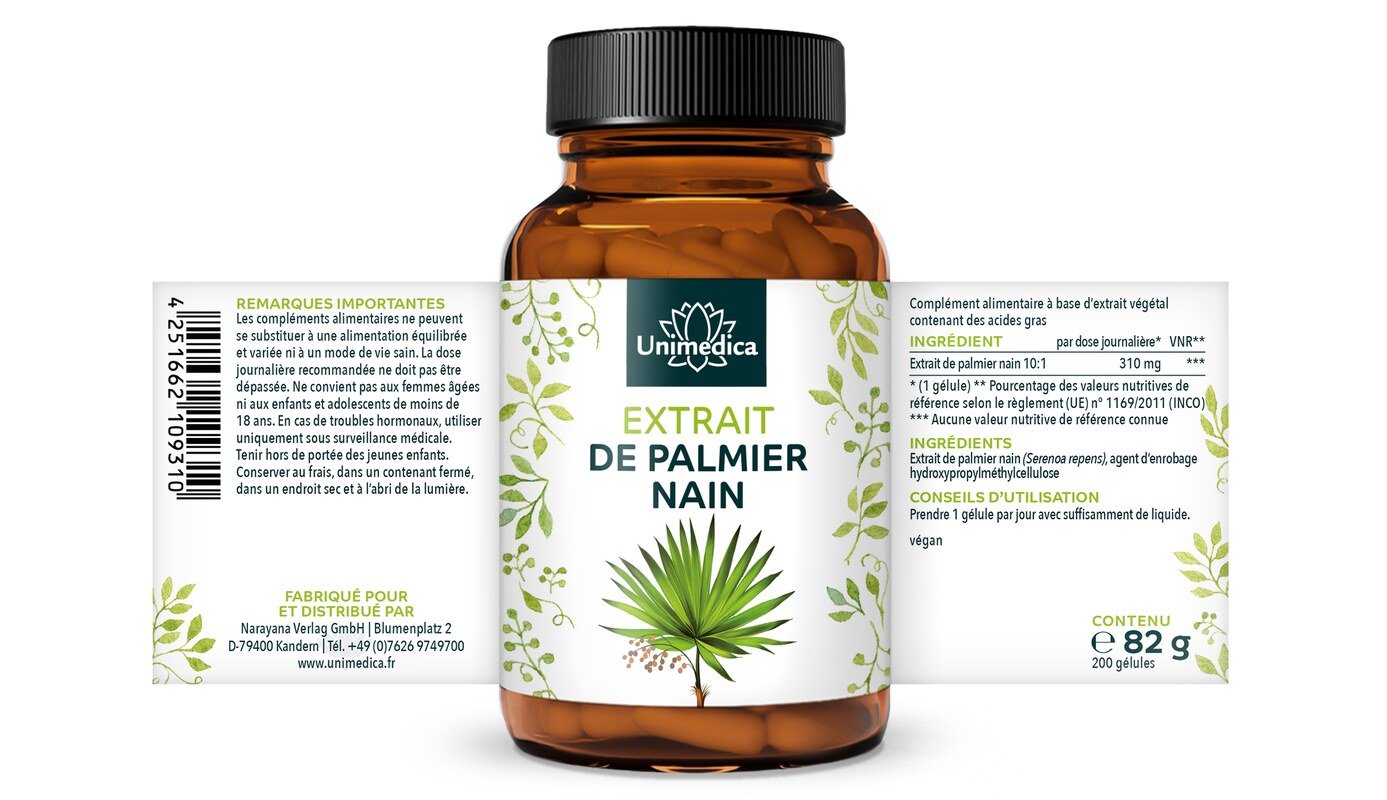 Extrait de palmier nain  310 mg par dose journalière (1 gélule)  200 gélules  par Unimedica