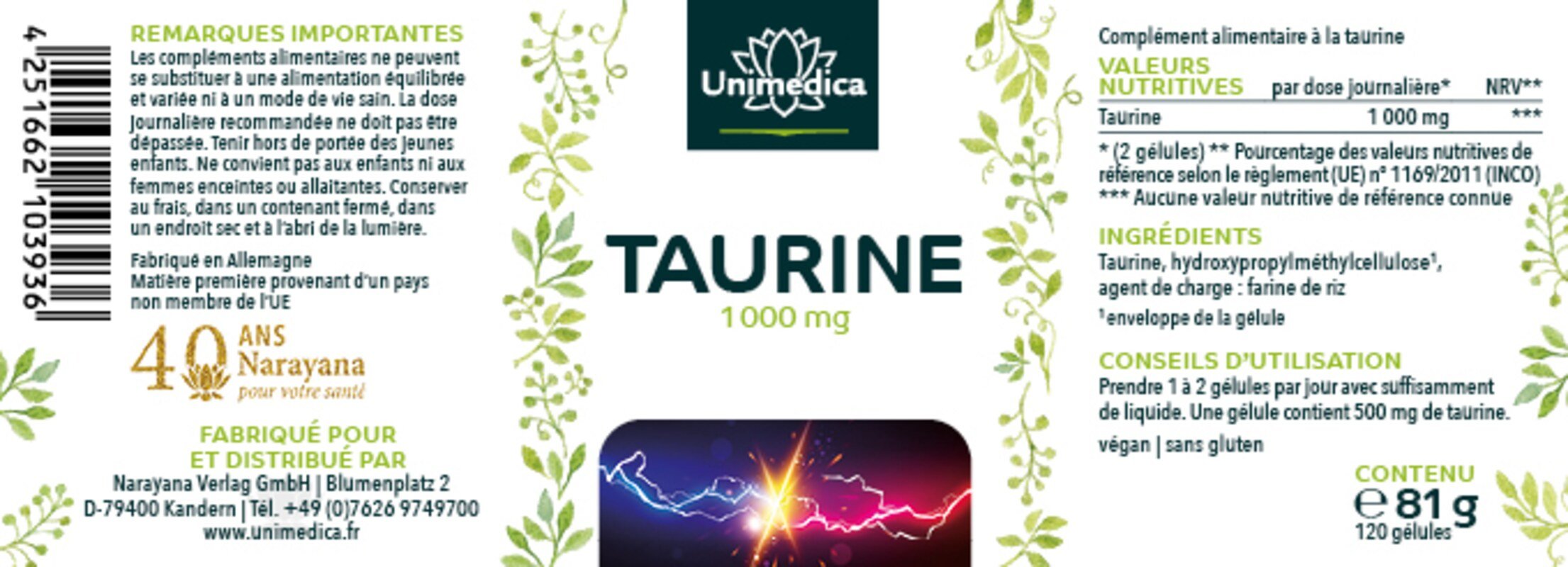Lot de 2: Taurine - 1000 mg par dose journalière (2 gélules) - 2 x 120 gélules - par Unimedica