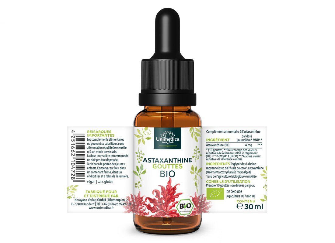 Lot de 2: Gouttes d'astaxanthine BIO - 4 mg par dose journalière - 2 x 30 ml - par Unimedica