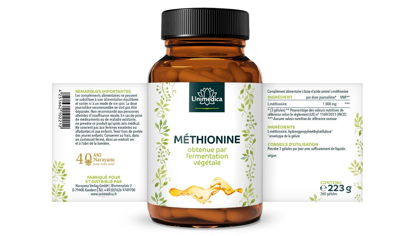 Lot de 2: Méthionine - 1 500 mg par dose journalière (3 gélules) - 2 x 360 gélules - par Unimedica