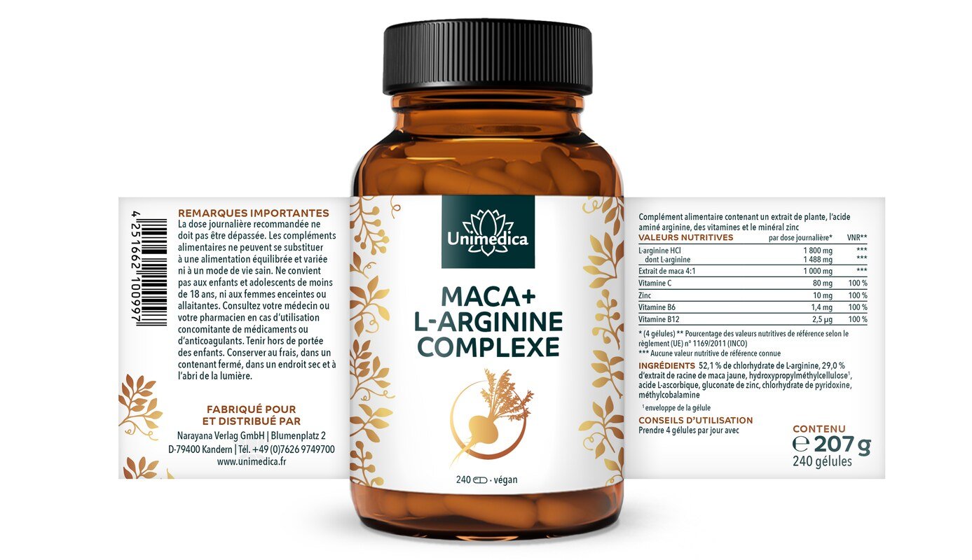 Lot de 2: Complexe  Maca + L-arginine forte avec vitamines C, B6, B12 et zinc - dosage élevé - 480 gélules - Unimedica
