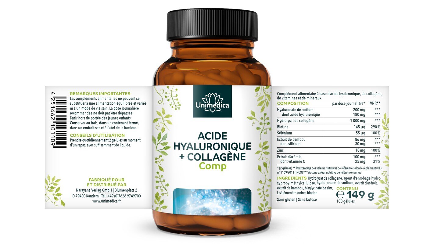 Lot de 2: Acide hyaluronique + collagène comp.  silicium de bambou, avec vitamines et minéraux - 2 x 180 gélules - Unimedica