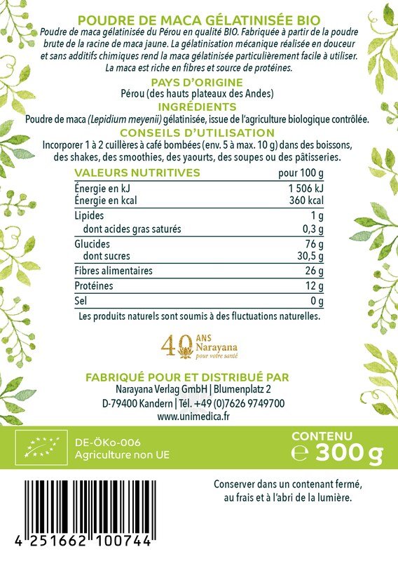 Lot de 2: Poudre de maca BIO - gélatinisée - 2 x 300 g - par Unimedica