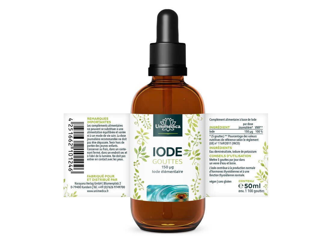 Gouttes d'iode - 150 µg par dose journalière - véganes - 50 ml - par Unimedica