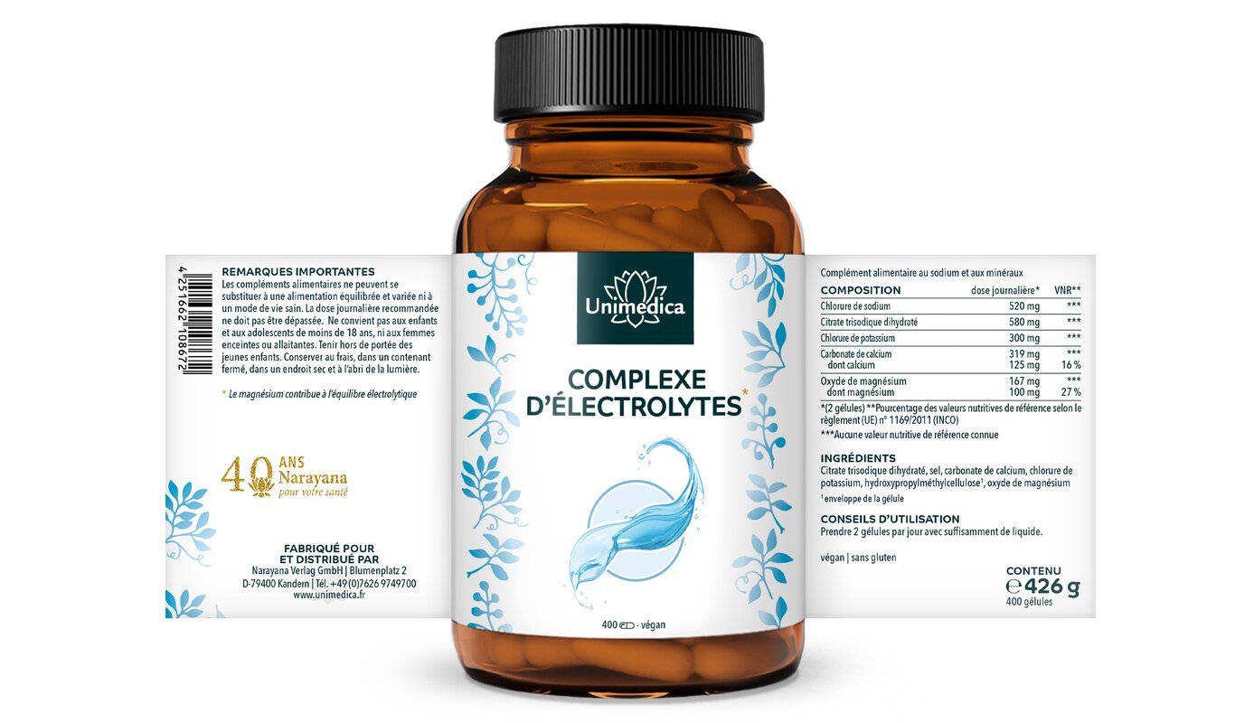 Complexe d'électrolytes avec sodium, potassium, calcium et magnésium - Convient au régime cétogène - 400 gélules - par Unimedica
