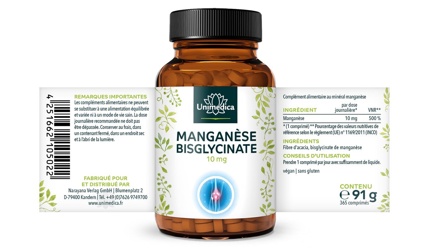 Manganèse  bisglycinate de manganèse - 10 mg par dose journalière (1 comprimé) - 365 comprimés - par Unimedica