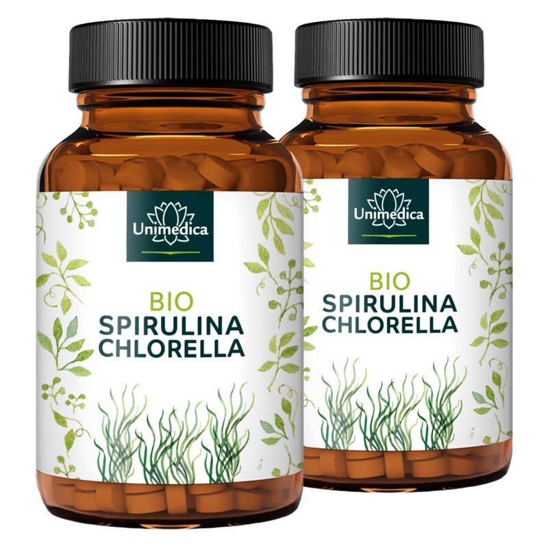 Lot de 2: Spiruline BIO et chlorella BIO  3 000 mg - 1:1 - 2 x 500 comprimés - Unimedica