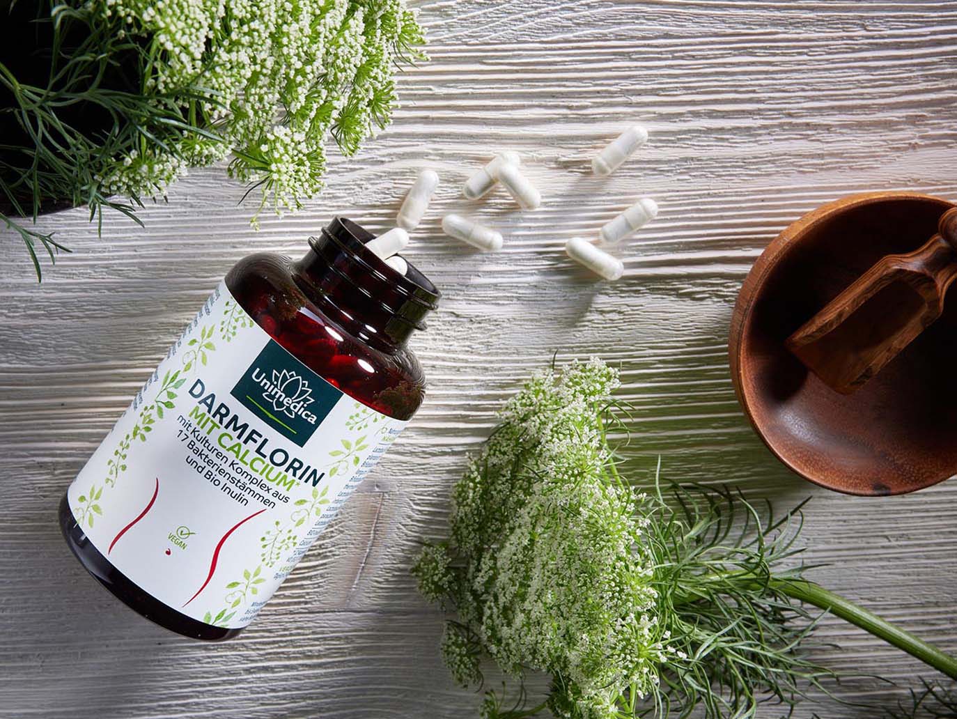 Darmflorin avec calcium - avec complexe de cultures de 18 souches bactériennes et inuline BIO - 180 gélules - par Unimedica