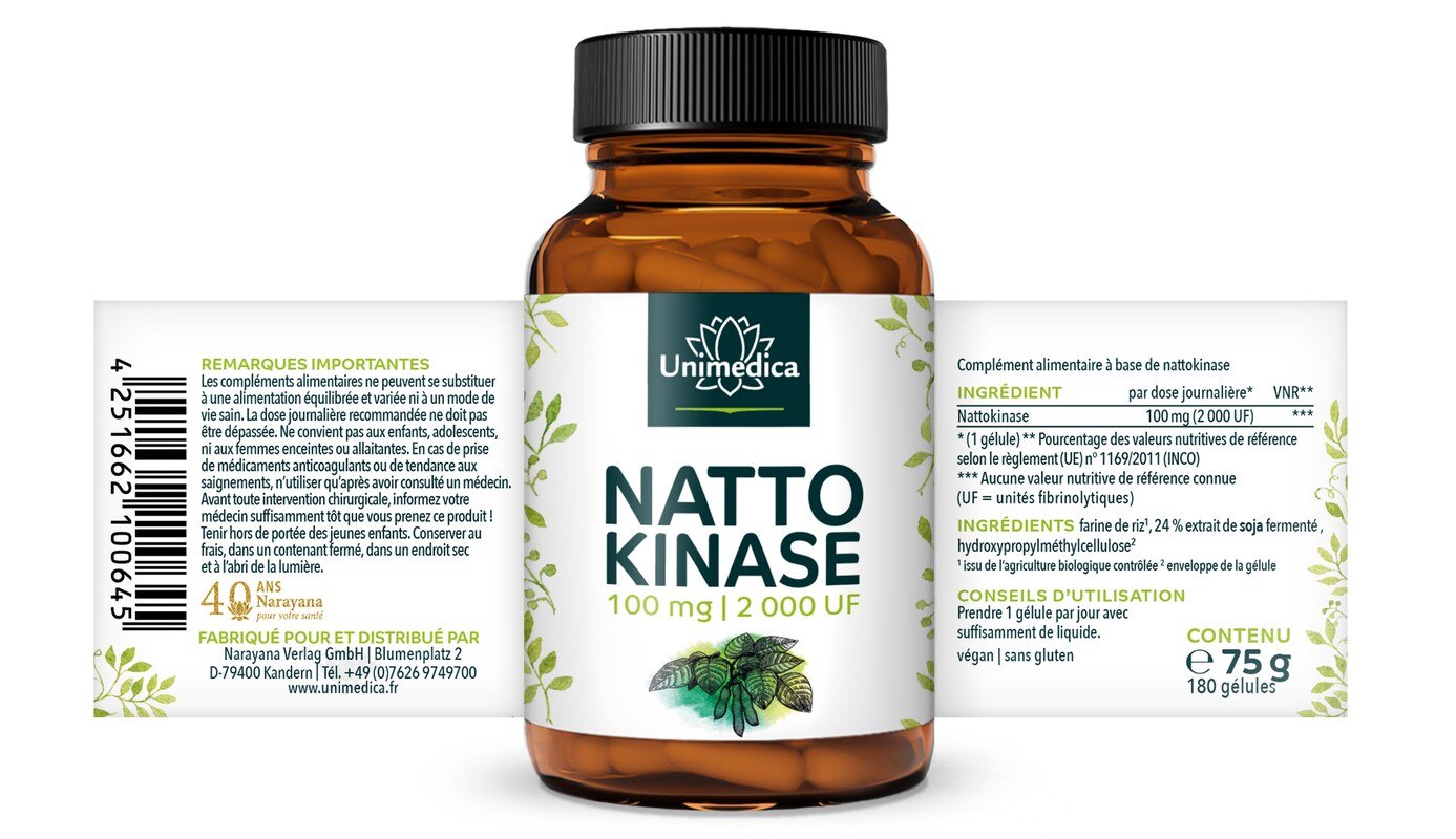Nattokinase - 100 mg / 2 000 FU hautement dosée - 180 gélules - par Unimedica