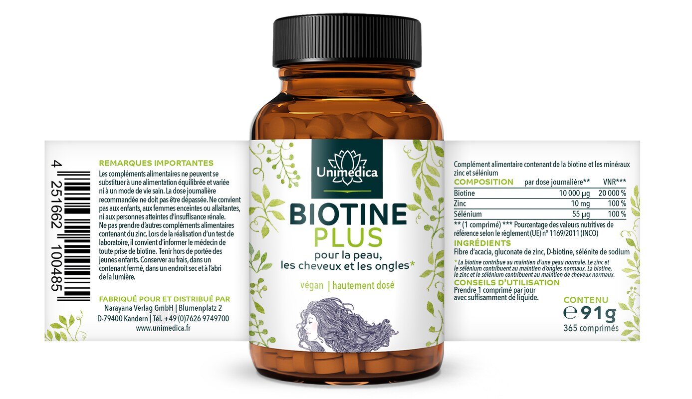Biotine Plus avec sélénium et zinc* - pour la peau, les cheveux et les ongles - ultra hautement dosé - 365 comprimés - par Unimedica