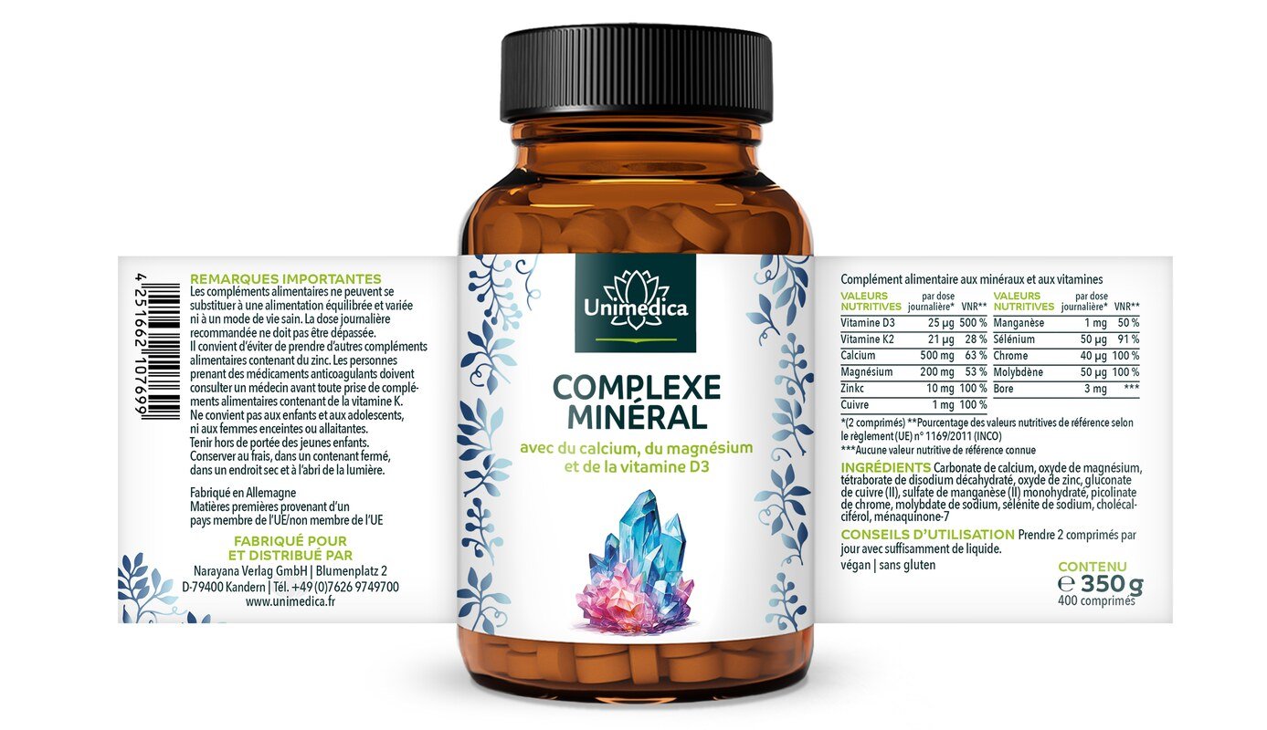 Complexe minéral  avec du calcium, du magnésium et de la vitamine D3 - 400 comprimés - par Unimedica