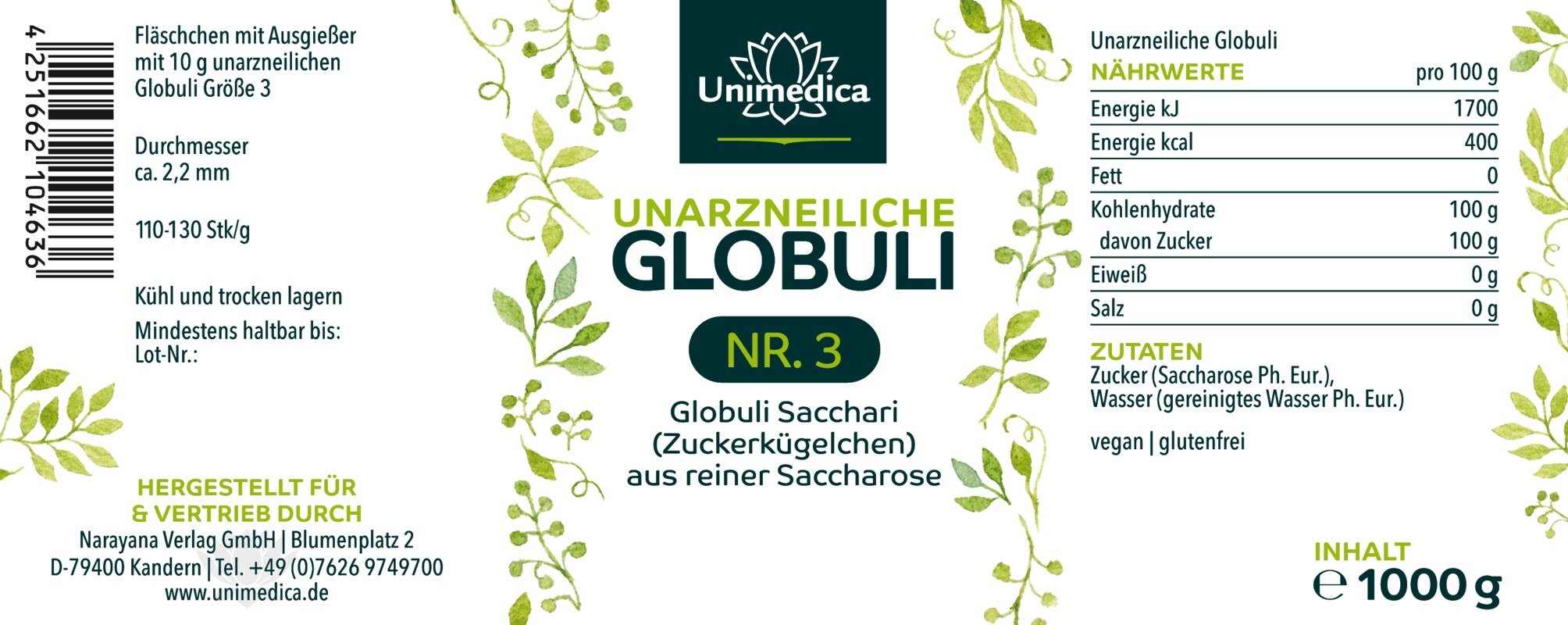 Flacon avec bec verseur - avec 10 g de globules non médicinaux de taille 3 - 1000 pièces - par Unimedica