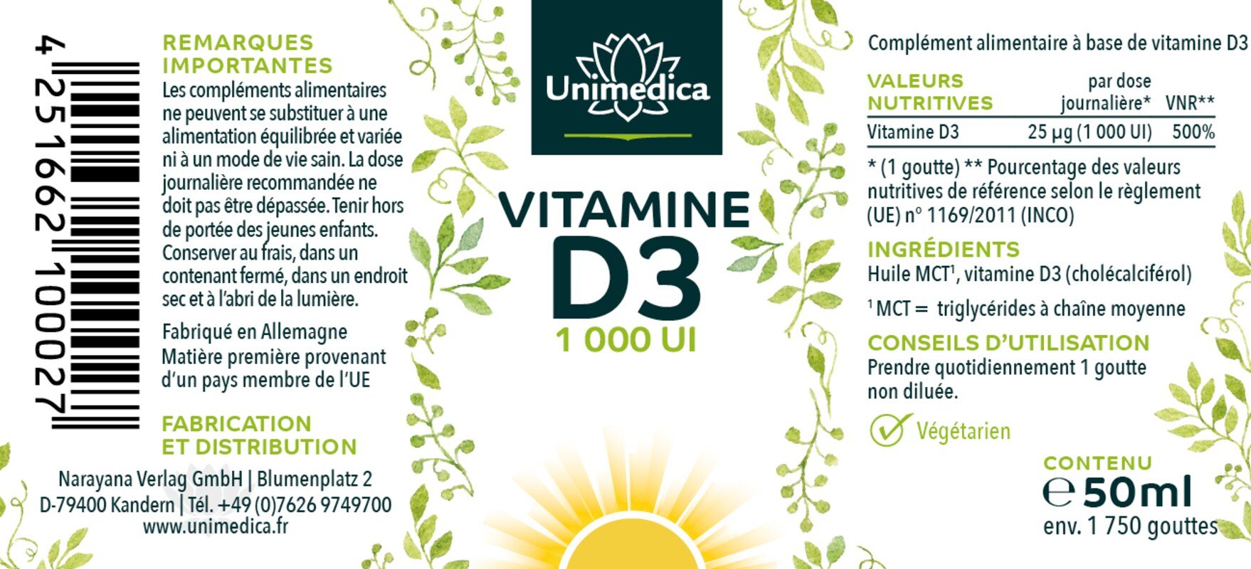 Vitamine D3 gouttes - 1000 U.I./25 µg par dose journalière - 50 ml - Unimedica