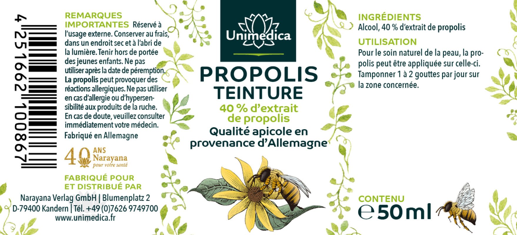 Teinture de propolis 40 % - 50 ml - par Unimedica