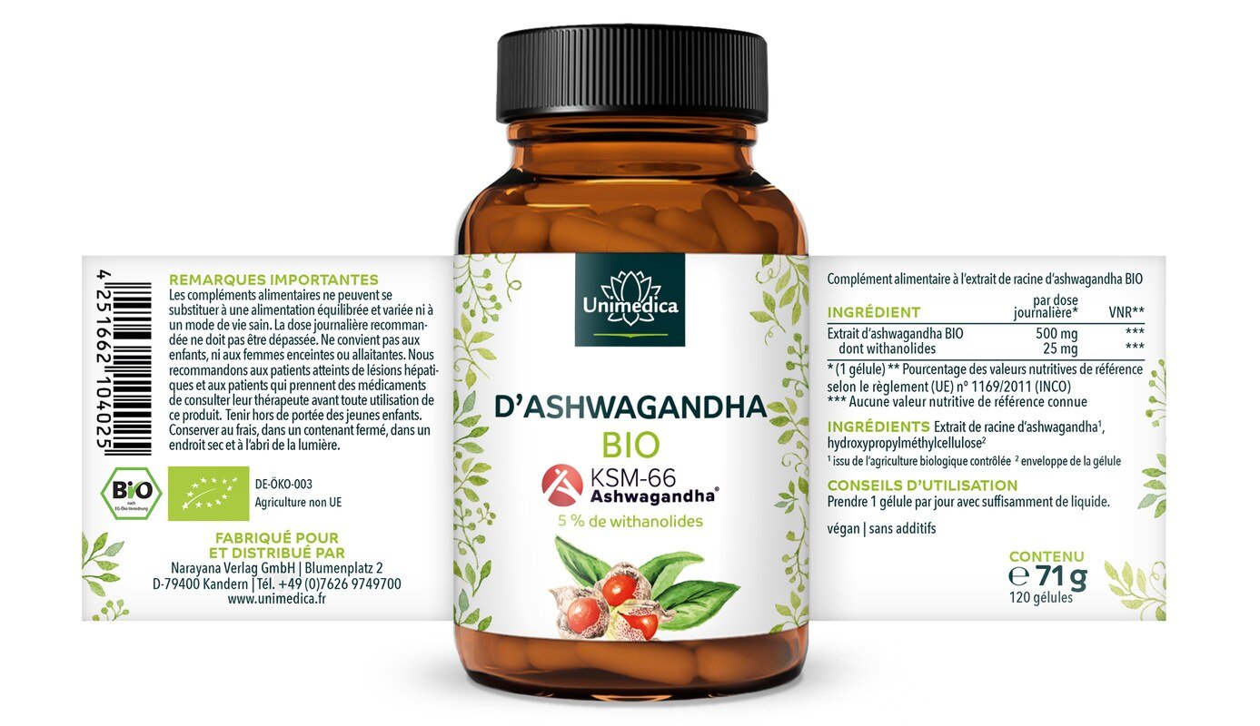 Lot: Comprimés à la mélatonine favorisant l'endormissement + Ashwagandha BIO KSM-66 - 180 comprimés + 120 gélules - par Unimedica