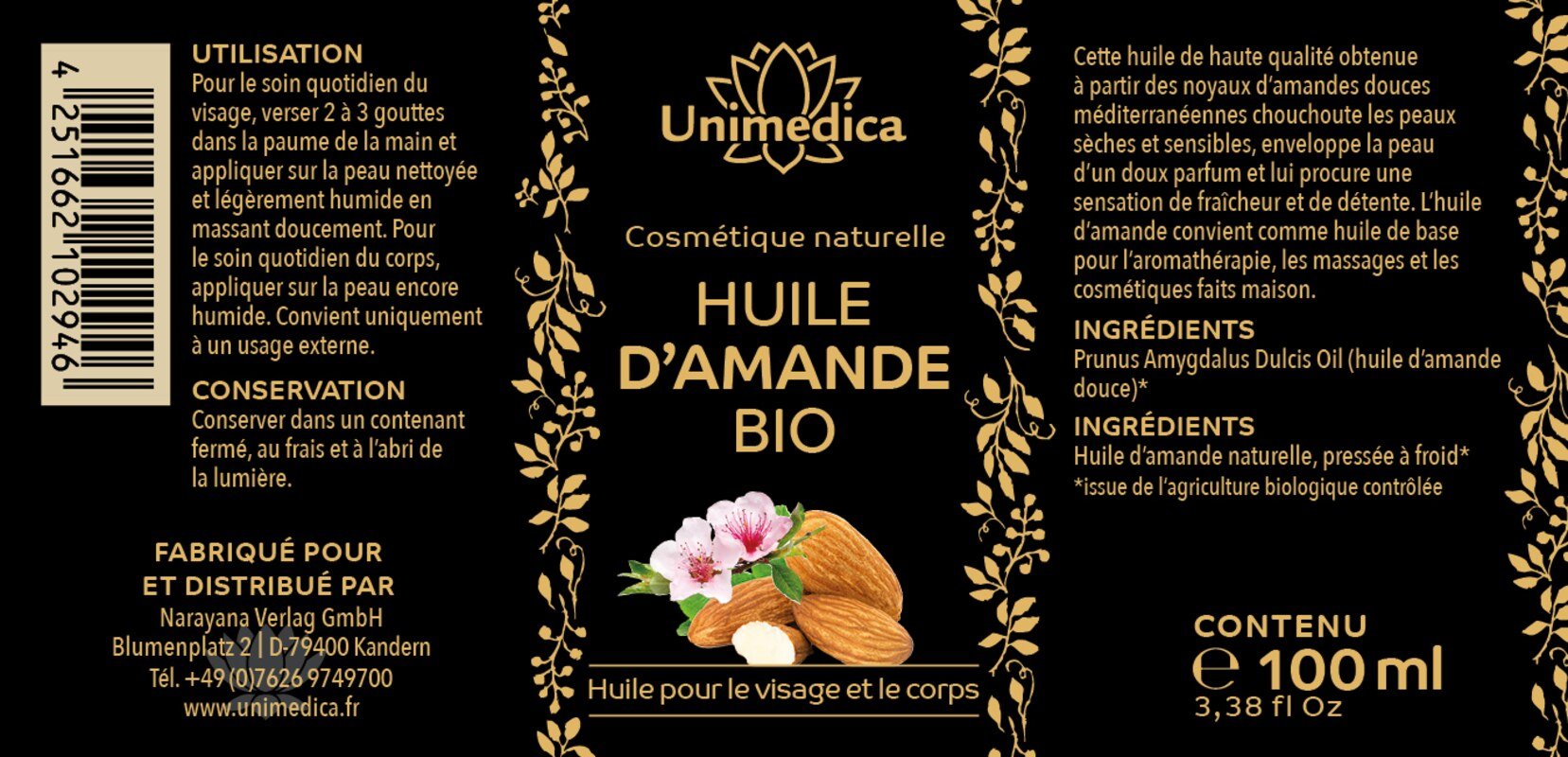 Huile d'amande BIO -  huile pour le visage et le corps - 100 ml - par Unimedica