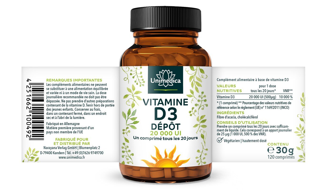 Vitamine D3 Depot 20.000 I.E. - 120 comprimés  Unimedica