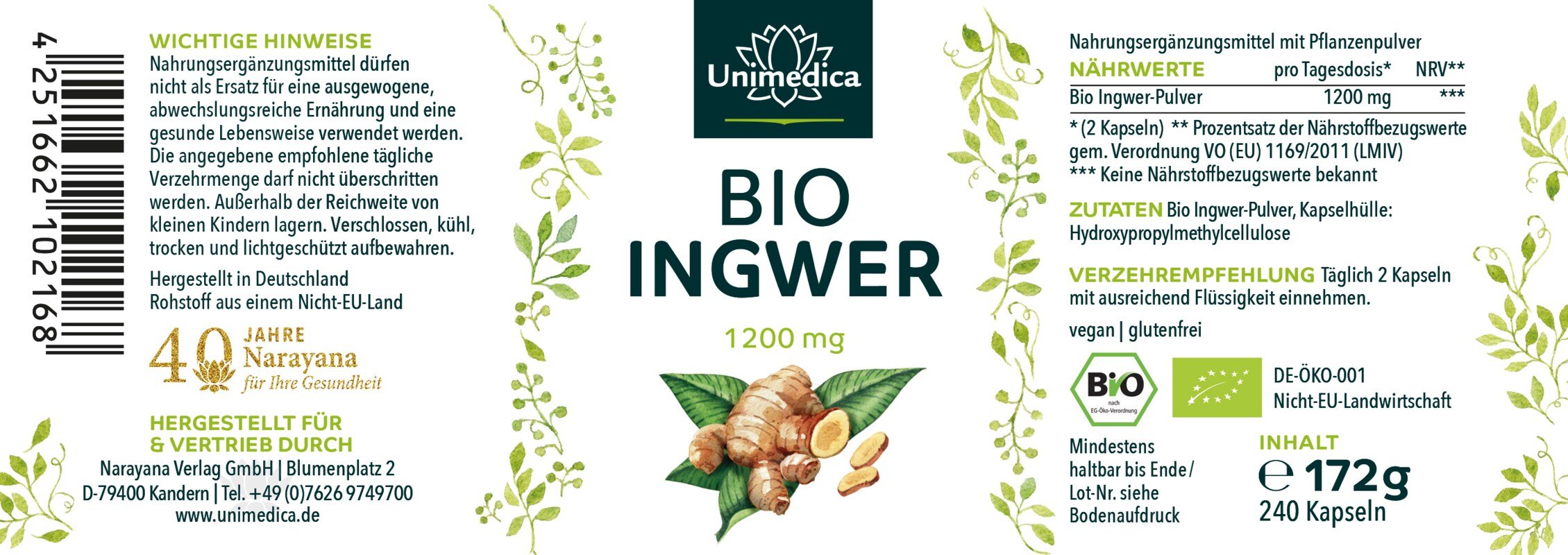 Gingembre BIO - 600 mg - 240 gélules - par Unimedica
