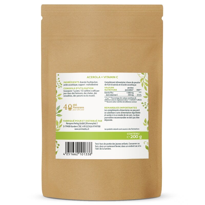 Vitamine C naturelle Acerola Plus  25 % de vitamine C - 200 g - par Unimedica