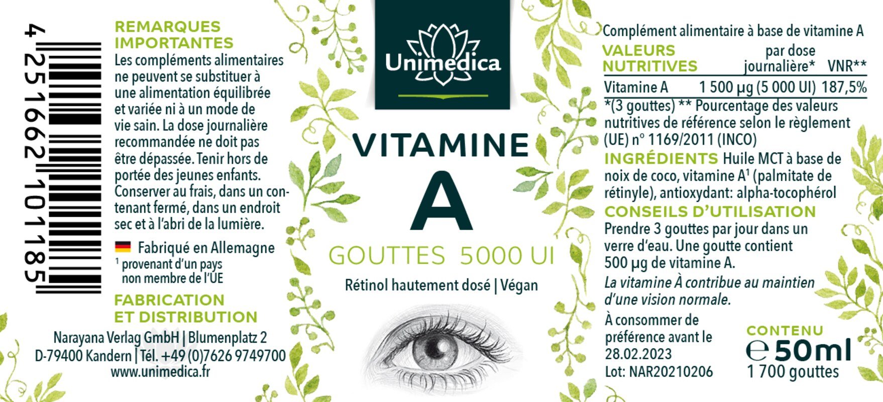 Lot: Gouttes de vitamines A - 1500 µg / 5000 UI hautement dosé ET Vitamine D3/K2 5 000 UI 125 µg D3 et 100 µg K2 par dose journalière - par Unimedica