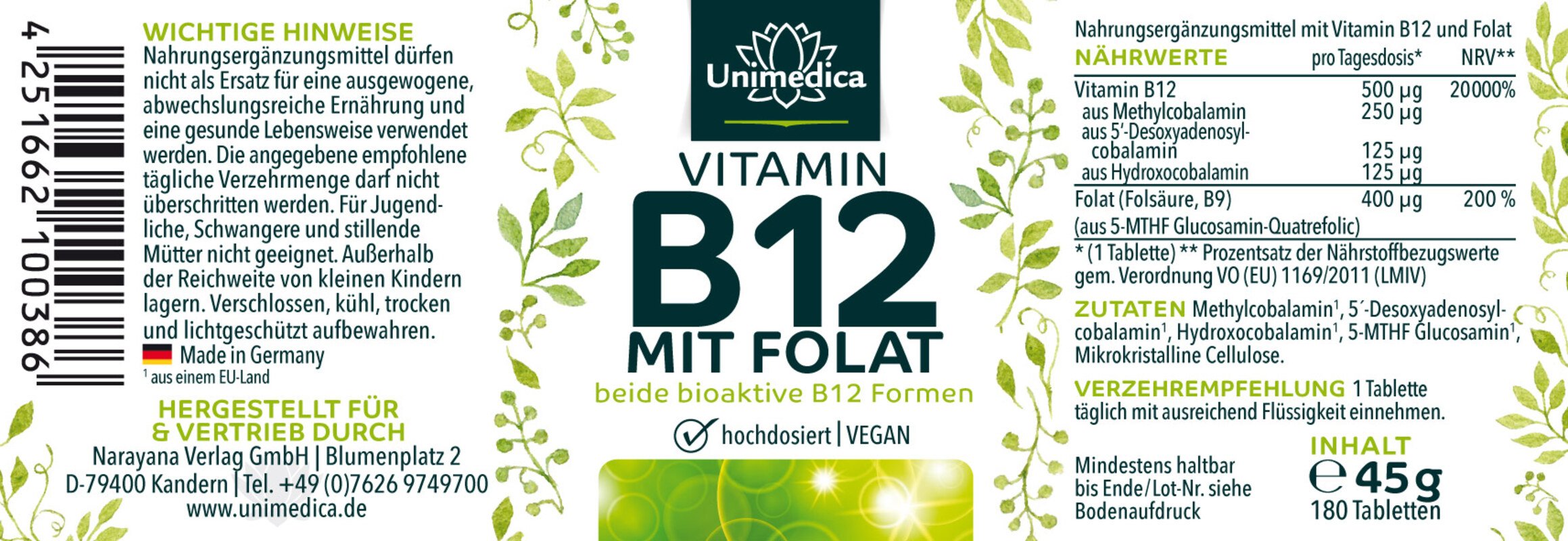 Lot: Vegan complet - bisglycinate de Fer 40 mg avec 40 mg de Vitamine C ET Vitamine B12 avec folate - 180 comprimés ET gouttes d'Huile d'Algue Oméga 3 vegan avec DHA, EPA et DPA - 50 ml - par Unimedica