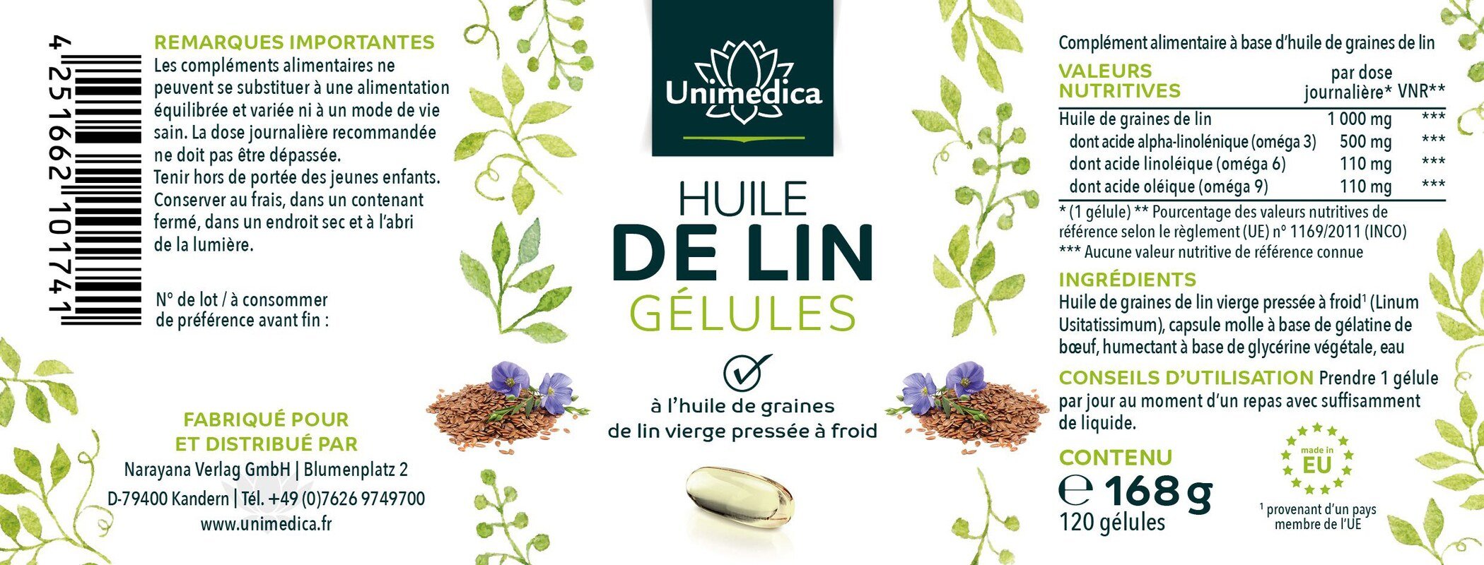 Lot de 2: Huile de lin aux acides gras oméga végétaux 3-6-9  1 000 mg -  2 x 120 capsules molles - par Unimedica