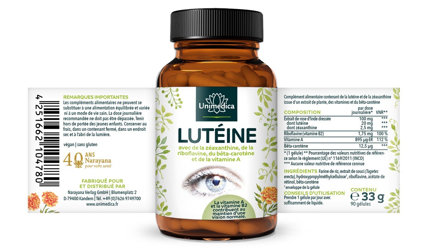 Lutéine - avec zéaxanthine + vitamine B2 + bêta-carotène + vitamine A - 90 gélules - par Unimedica