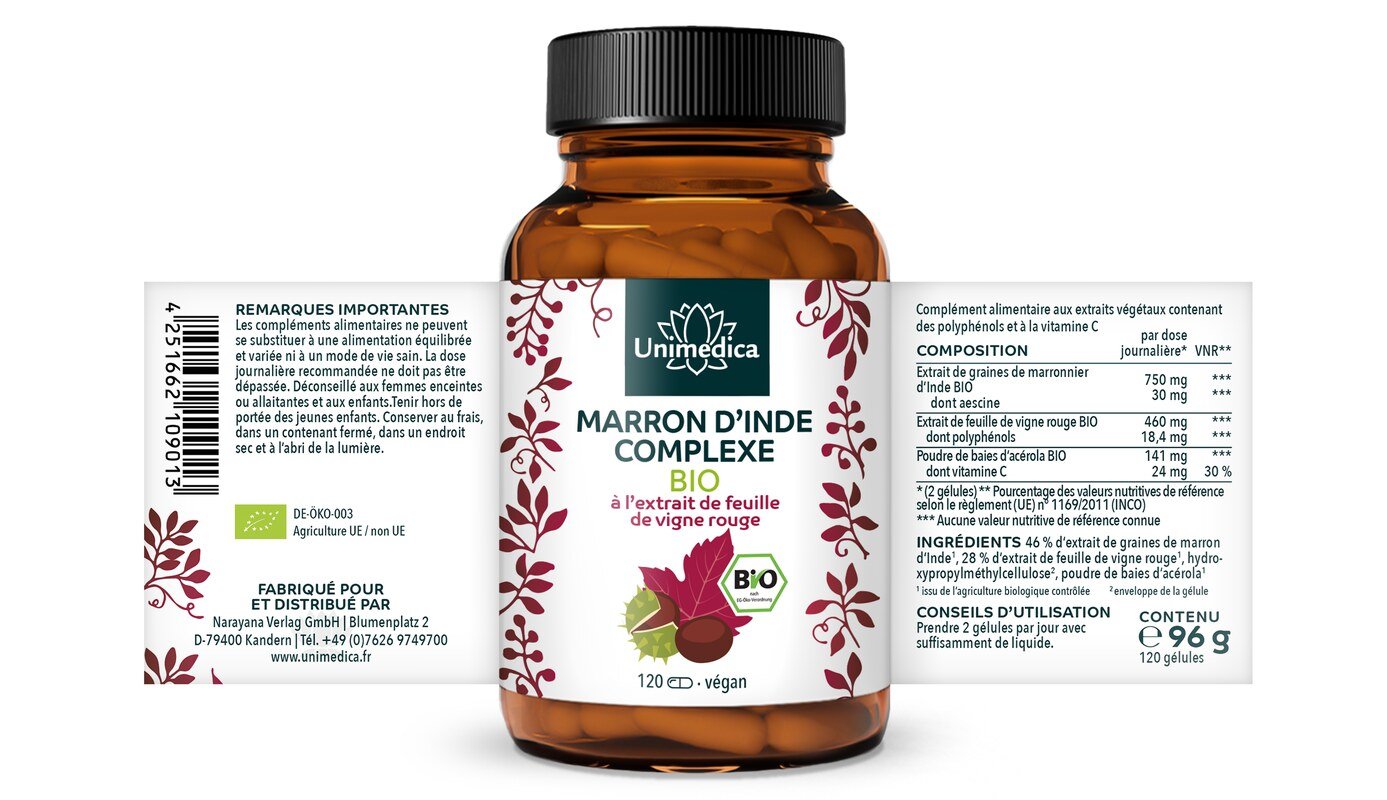 Complexe bio à base de marrons d'Inde et de feuilles de vigne rouge et d'acérola - 120 gélules  par Unimedica