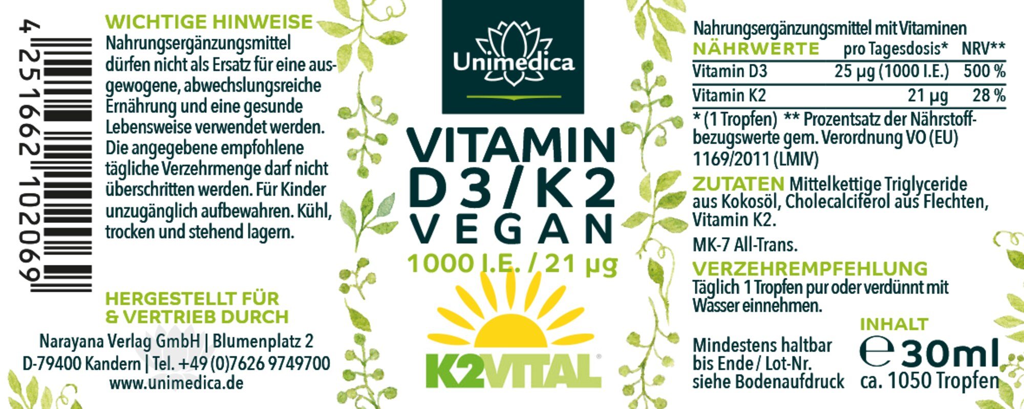 Vitamine D3 / K2 végane avec D3 de lichen avec K2Vital de Kappa - D3 1.000 I.U. 25 µg / K2 21 µg (1 goutte) par dose journalière- 30 ml - de Unimedica