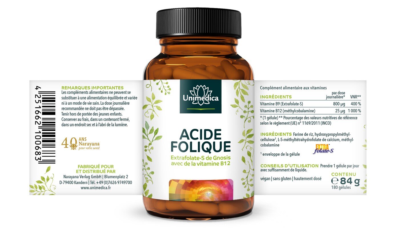 Acide folique avec Extrafolate-S de Gnosis et vitamine B12 - 800 µg d'acide folique et 25 µg de vitamine B12  - 180 gélules - par Unimedica