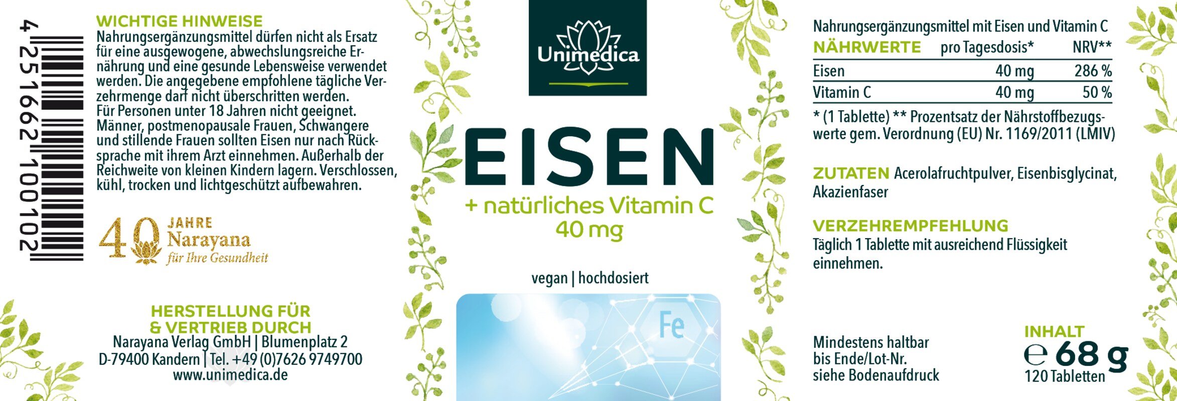 Lot: Vegan complet - bisglycinate de Fer 40 mg avec 40 mg de Vitamine C ET Vitamine B12 avec folate - 180 comprimés ET gouttes d'Huile d'Algue Oméga 3 vegan avec DHA, EPA et DPA - 50 ml - par Unimedica