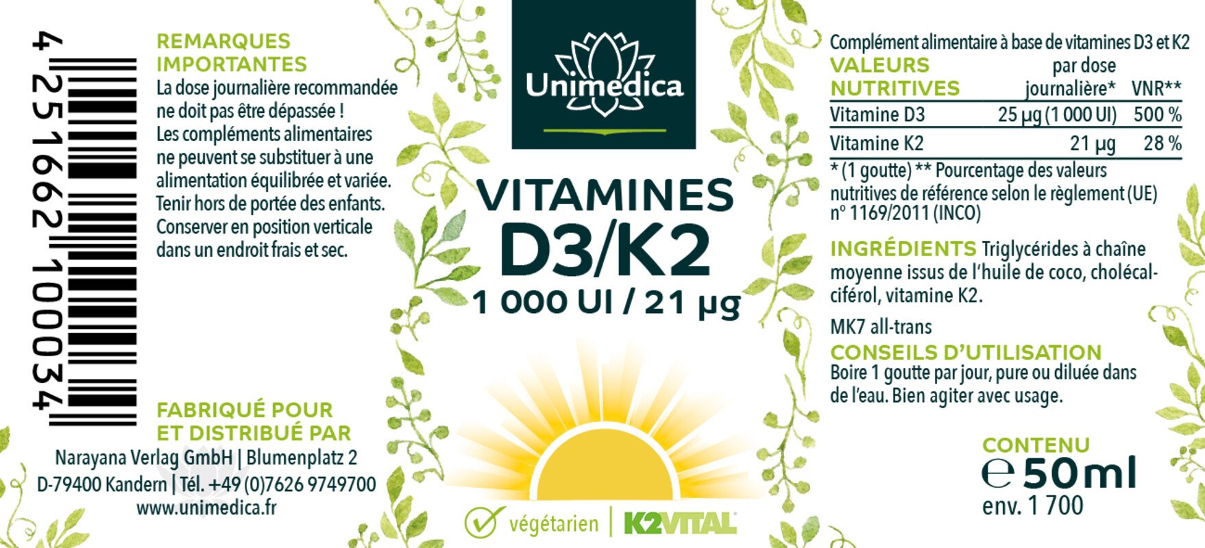 Lot: OPC Forte - 800 mg d'extrait de pépins de raisin - 180 gélules ET magnésium forte - 400 mg - 365 gélules ET Vitamine D3 / K2 MK7 All-trans 50 ml - par Unimedica