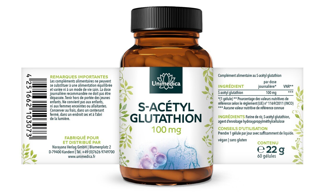 Lot de 2: S-acétyl glutathion - forme stable de glutathion - 100 mg par dose journalière (1 capsule)- 2 x 60 gélules - par Unimedica