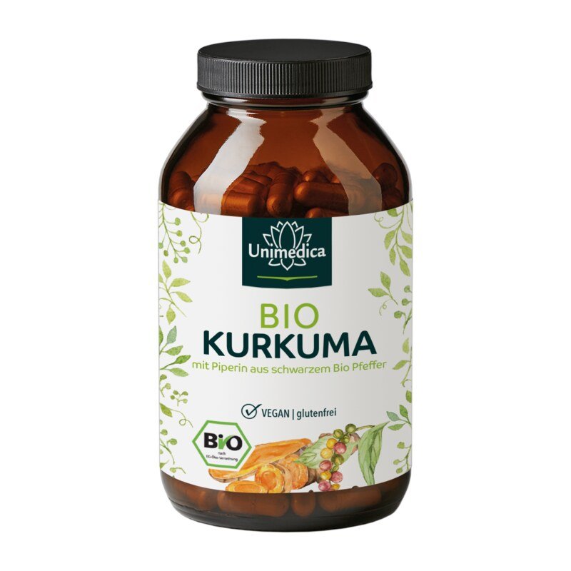 Curcuma BIO au poivre noir BIO - avec 225 mg de curcumine et 12 mg de pipérine par dose journalière (6 gélules) - 240 gélules  Unimedica