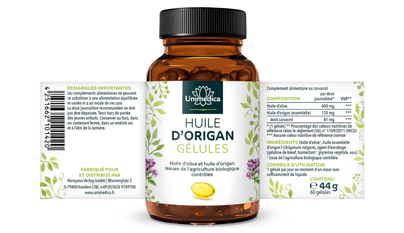 Huile d'origan à l'huile d'origan bio - 135 mg - 60 gélules molles - par Unimedica