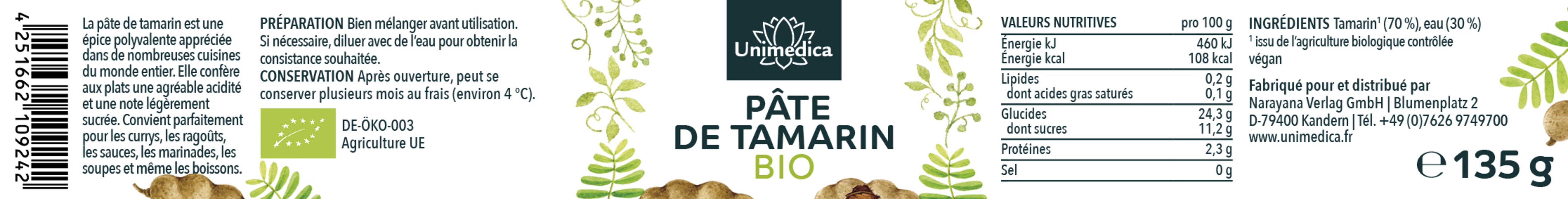 Pâte de tamarin BIO  135 g  par Unimedica