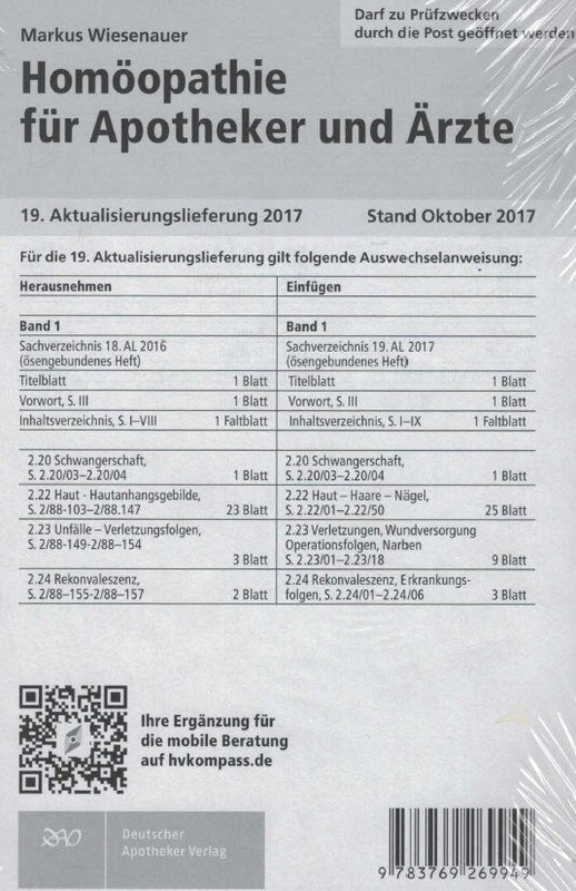 Homöopathie für Apotheker und Ärzt - 19. Aktualisierungslieferung 2017
